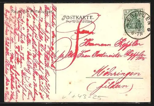 Lithographie Ebingen, Offizielle Festpostkarte zum 11. Württ. Schwarzwaldgau-Sängerfest 1908, Aussichtsturm, Ortsansicht