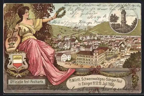 Lithographie Ebingen, Offizielle Festpostkarte zum 11. Württ. Schwarzwaldgau-Sängerfest 1908, Aussichtsturm