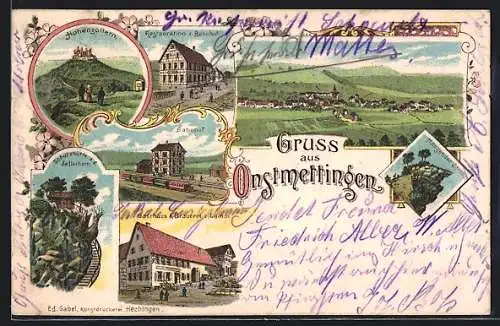 Lithographie Onstmettingen, Hohenzollern, Gasthäuser zum Bahnhof und zum Lamm, Bahnhof, Schutzhütte a. d. Zellerhorn