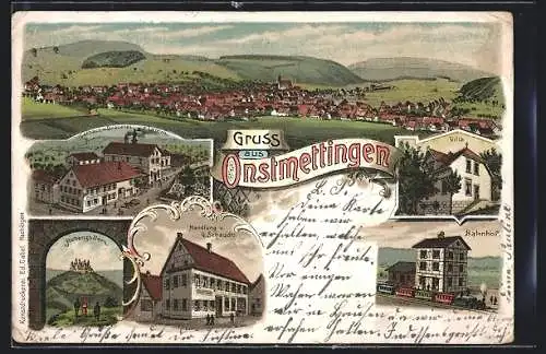 Lithographie Onstmettingen, Bahnhof mit Zug, Gasthaus und Brauerei z. Lamm
