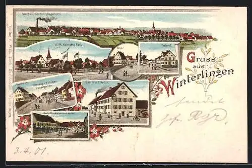 Lithographie Winterlingen, Gasthaus zum Kreuz, Gasthof Rose, Mech. Strickwaren-Fabrik