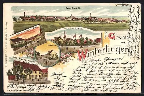 Lithographie Winterlingen, Postamt, Mech. Strickwaren-Fabrik