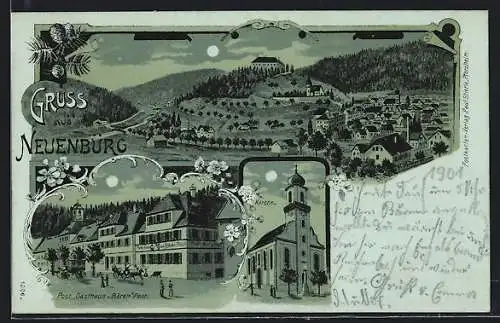 Mondschein-Lithographie Neuenbürg, Gasthaus zum Bären und Post, Kirche, Gesamtansicht