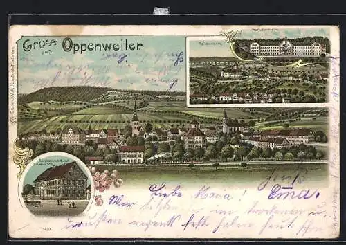 Lithographie Oppenweiler, Gasthaus z. Hirsch, Reichenberg, Wilhelmstein, Ortsansicht