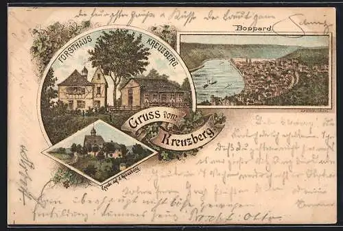 Lithographie Boppard, Forsthaus Kreuzberg, Kapelle, Gesamtansicht aus der Vogelschau