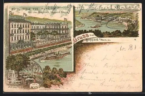 Lithographie Boppard a. Rh., Totalansicht, Hotel Belle Vue Pension
