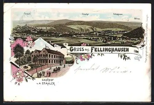 Lithographie Fellinghausen / Kreuztal, Gasthof v. A. Stähler, Gesamtansicht mit Fernsdorf und Creuzthal