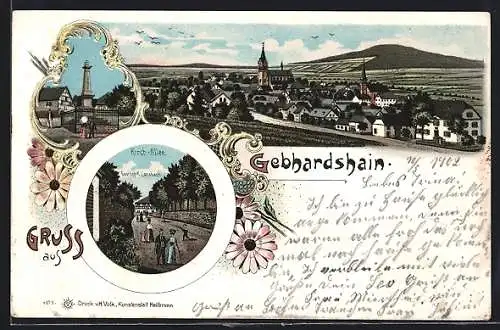 Lithographie Gebhardshain, Kirch-Allee mit Gasthof K. Lorsbach, Kriegerdenkmal, Ortsansicht