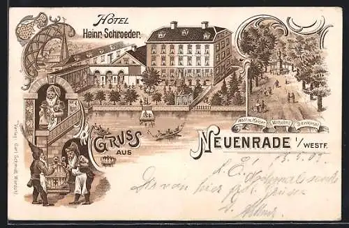 Lithographie Neuenrade i. Westf., Hotel Heinrich Schroeder, Wall mit Kaiser Wilhelm I.-Denkmal