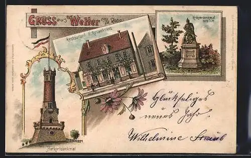 Lithographie Wetter an d. Ruhr, Restaurant F. Rosenkranz, Harkortdenkmal, Kriegerdenkmal