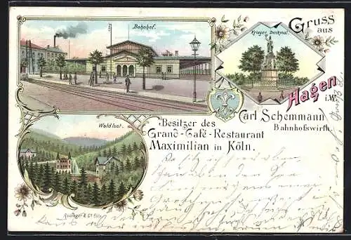 Lithographie Hagen / Westfalen, Bahnhof, Waldlust, Krieger Denkmal