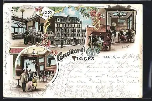 Lithographie Hagen / Westfalen, Conditorei & Café Tigges, mit Innenansichten