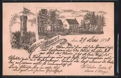 Lithographie Lüdenscheid, Aussichtsturm auf der Homert, Gasthaus