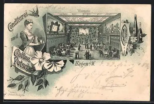 Lithographie Hagen i. W., Conditorei & Caffee Putsch, belebte Szene im Wintergarten