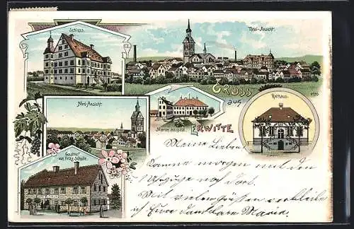 Lithographie Erwitte, Gasthof von Fritz Schulte, Schloss, Rathaus, Marien-Hospital, Gesamtansicht