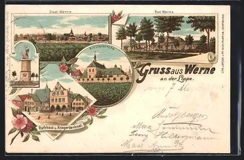 Lithographie Werne an der Lippe, Rathhaus und Kriegerdenkmal, Klosterkirche, Kurgelände