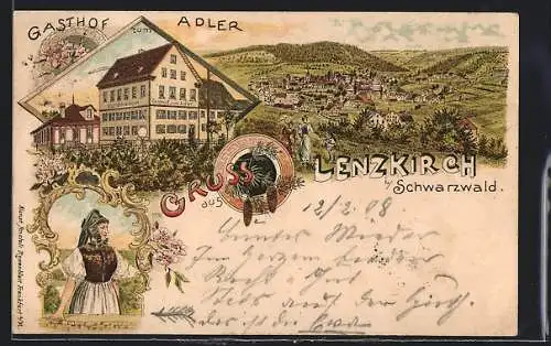 Lithographie Lenzkirch i. Schwarzwald, Gasthof zum Adler, Frau in Tracht, Gesamtansicht