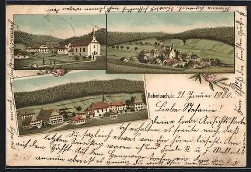 Lithographie Bubenbach, Gesamtansicht aus der Vogelschau, Blick auf die Kirche