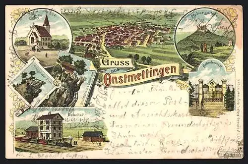 Lithographie Onstmettingen, Bahnhof, Schutzhütte a. d. Zellerhorn, Hahndenkmal