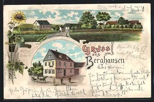 Lithographie Berghausen / Taunus, Gasthaus v. H. Meyer, Ortsansicht