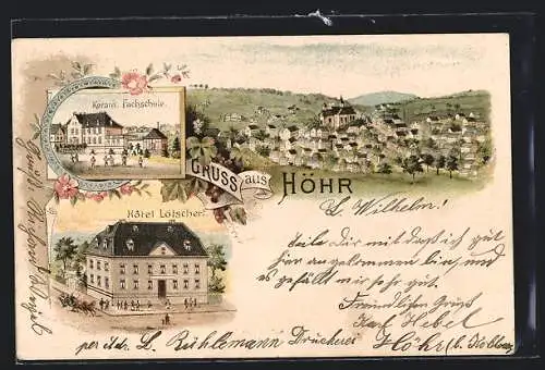 Lithographie Höhr, Hotel Lötschert, Keram. Fachschule, Ortsansicht