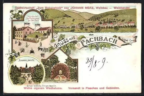 Lithographie Fachbach b. Bad Ems, Gastwirtschaft Zum Rebenstock, Bes. Joh. Merz, Kaiser Wilhelm-Felsenkapelle