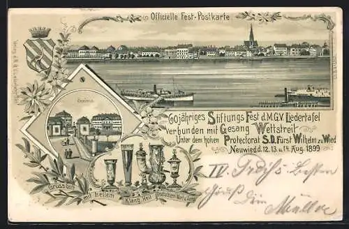 Lithographie Neuwied, 60 jähr. Stiftungs Fest d.- M. G. V. Liedertafel verbunden m. Gesang Wettstreit 1899