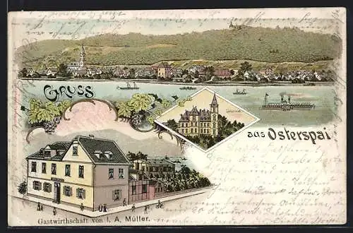Lithographie Osterspai, Gastwirtschaft von I.A. Müller und Blick übers Wasser zum Ort, Boote