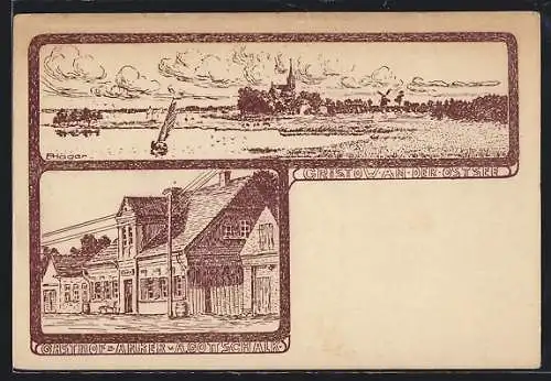 Künstler-AK Gristow an der Ostsee, Gasthof z. Anker v. A. Gottschalk, Ortsansicht