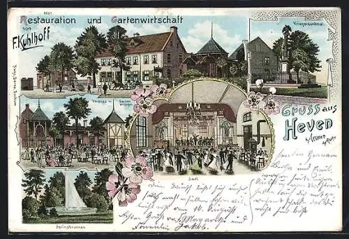 Lithographie Heven b. Witten a. Ruhr, Restauration und Gartenwirtschaft v. F. Kuhlhoff, Kriegerdenkmal