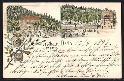 Lithographie Hagen / Westfalen, Forsthaus Derth mit Garten