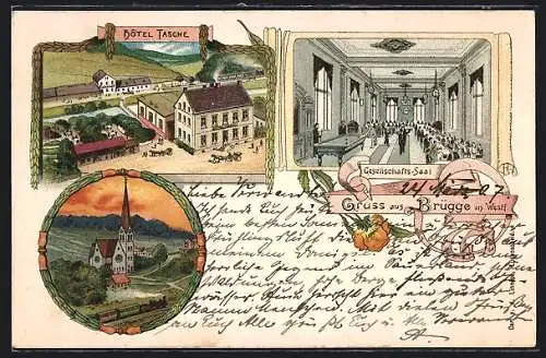 Lithographie Brügge in Westf., Hotel Tasche, Gesellschafts-Saal, Ortsansicht