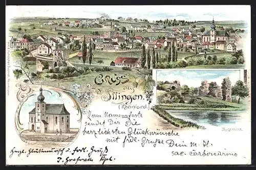 Lithographie Illingen / Westf., Kirche, Burgruine, Ortsansicht