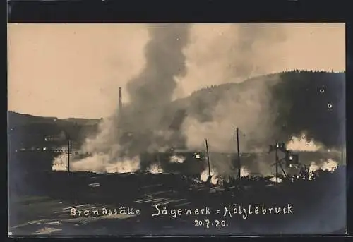 Foto-AK Hölzlebruck, Brandstätte Sägewerk 1920