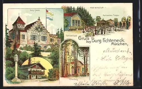 Lithographie München, Burg Fichteneck, Sommerhaus, Waldwirtschaft, Ritterburg