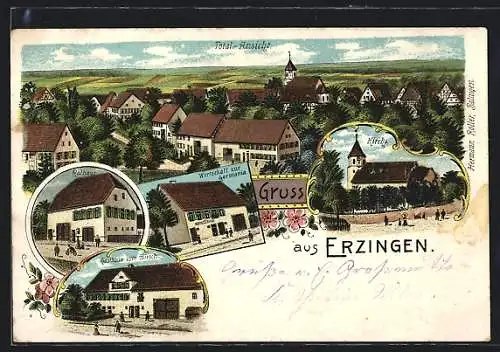 Lithographie Erzingen / Balingen, Wirtschaft zur Germania, Gasthaus zum Hirsch, Rathaus