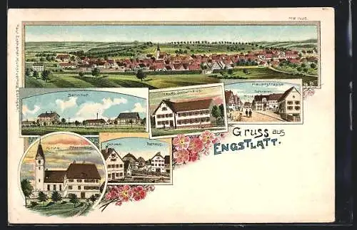 Lithographie Engstlatt, Bahnhof, Gasthaus Krone, Gasthaus Ochsen, Hauptstrasse