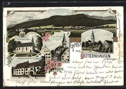 Lithographie Dotternhausen b. Balingen, Freiherrl. von Cottasches Schloss, St. Anna-Kapelle, Kirche u. Pfarrhaus