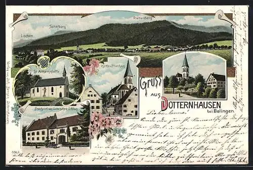 Lithographie Dotternhausen b. Balingen, St. Anna-Kapelle, Kirche u. Pfarrhaus