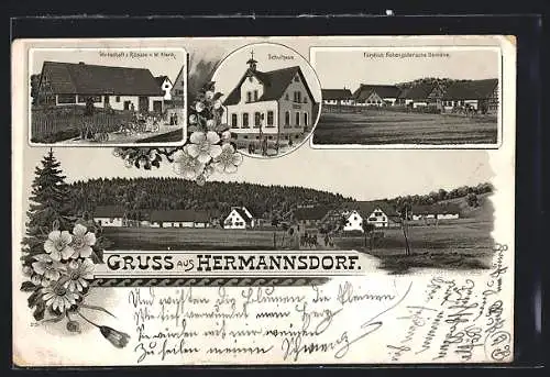 Lithographie Hermannsdorf / Burladingen, Wirtschaft z. Rössle v. W. Klenk, Schulhaus, Ortsansicht