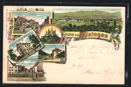 Lithographie Bisingen, Bahnhof, Gasthaus z. Rose, Postamt