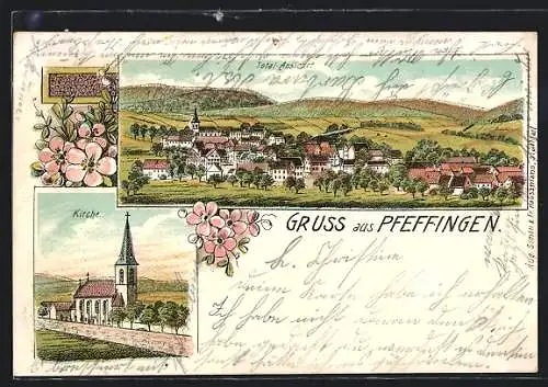 Lithographie Pfeffingen / Württ., Kirche, Totalansicht aus der Vogelschau