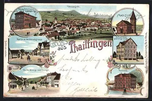Lithographie Tailfingen / Württ., Ortsansicht, Neues Schulhaus, Kath. Kirche, Rathaus