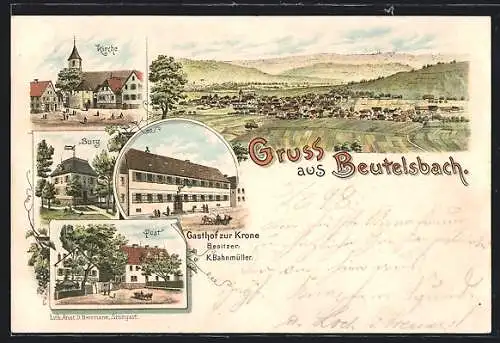 Lithographie Beutelsbach / Remstal, Panorama, Gasthof zur Krone, Bes. K. Bahnmüller, Burg & Post