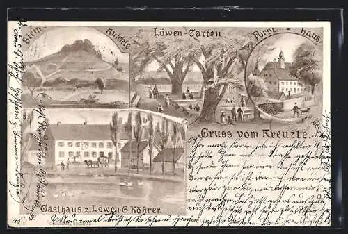Lithographie Kreuzle, Gasthaus z. Löwen v. G. Köhrer, Forsthaus, Löwen-Garten