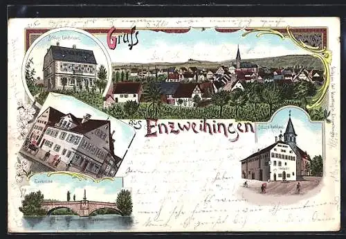 Lithographie Enzweihingen, Schloss Leinfelden, Enzbrücke, Schule u. Rathaus