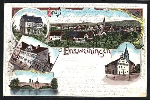 Lithographie Enzweihingen, Schloss Leinfelden, Schule u. Rathaus, Ortsansicht
