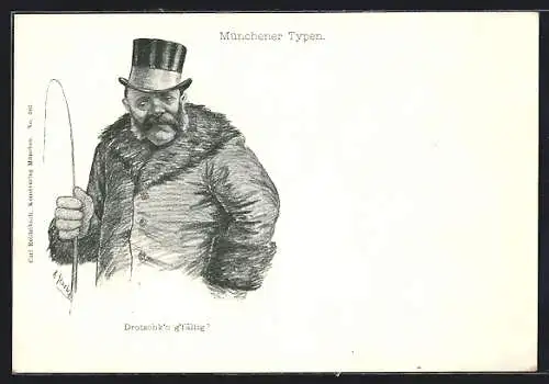 Künstler-AK München, Droschkenkutscher mit Zylinder