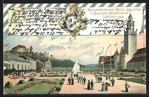 Lithographie Landshut / Isar, Niederbayerische Preis-Industrie- u. Gewerbe-Ausstellung 1903, Festplatz