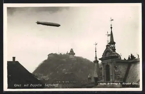 AK Graz, Ortsansicht mit Zeppelin-Luftschiff
